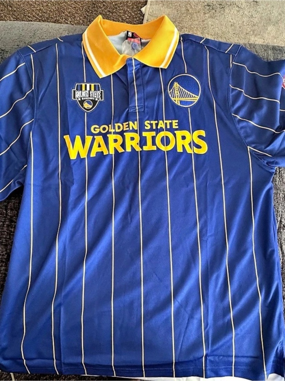 Ultra Game NBA Golden State Warriors Soccer Jersey Blue Yellow Striped Polo Mens